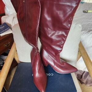 Burgundy Knee High Boots Womens Size 8 Red Wine Faux Leather Block Heel Zip